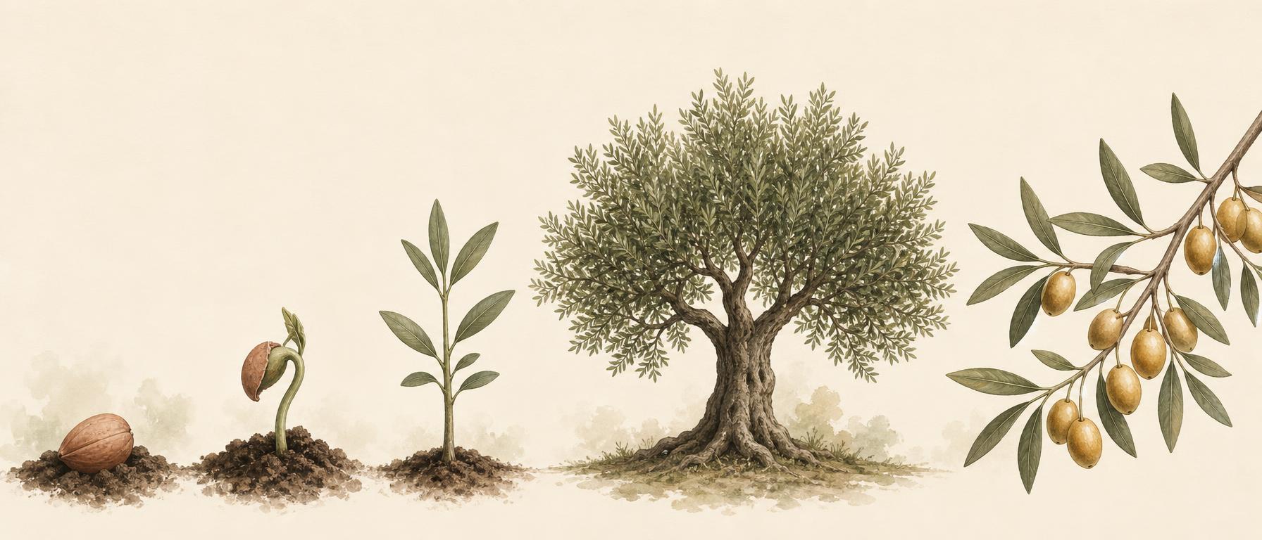 Fases de uma semente sendo plantada, brotando, crescendo e se tornando uma árvore frutífera