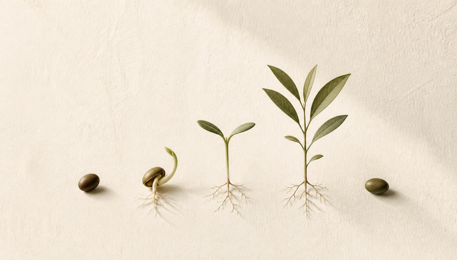 Semente, broto, planta jovem e uma nova semente sobre papel marfim